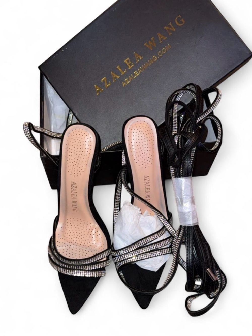 Azaleia Wang Black Rhinestone Lace-Up Pointed Toe Heels